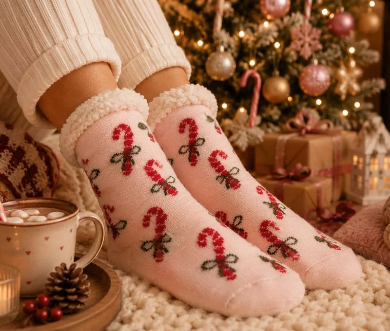 Chaussettes de Noël roses cannes sucre d'orge nœuds bordure blanche moelleuse