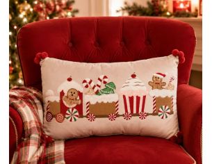 Coussin rectangulaire rose pompons rouges train gourmand pain d'épices sucreries 50x30cm