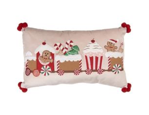Coussin rectangulaire rose pompons rouges train gourmand pain d'épices sucreries 50x30cm