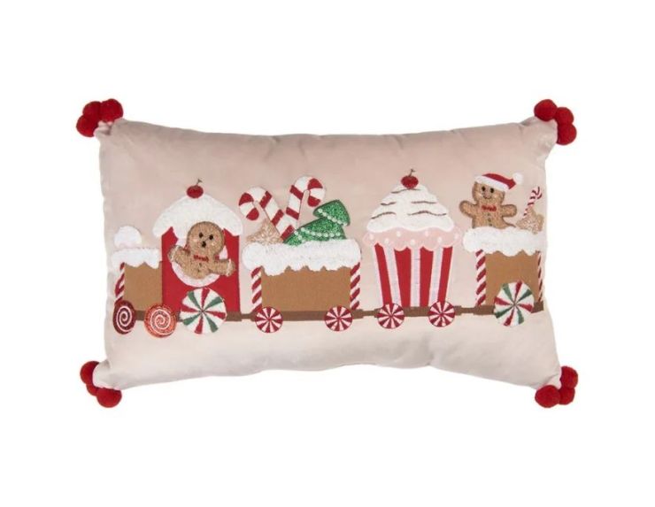 Coussin rectangulaire rose pompons rouges train gourmand pain d'épices sucreries 50x30cm