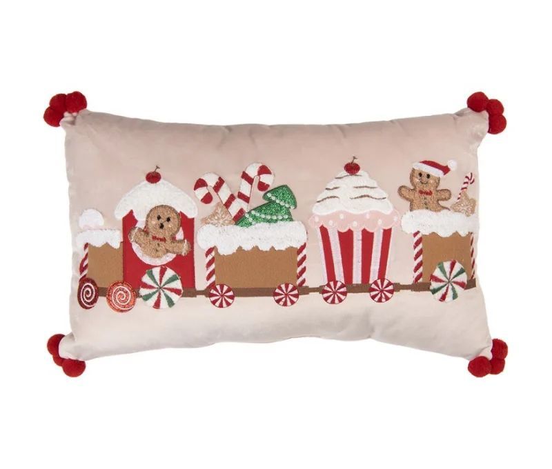 Coussin rectangulaire rose pompons rouges train gourmand pain d'épices sucreries 50x30cm
