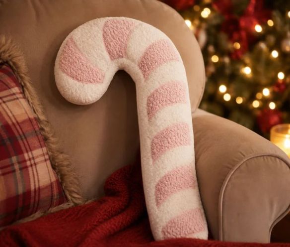 Coussin en forme de canne sucre d'orge rose blanc peluche H40cm