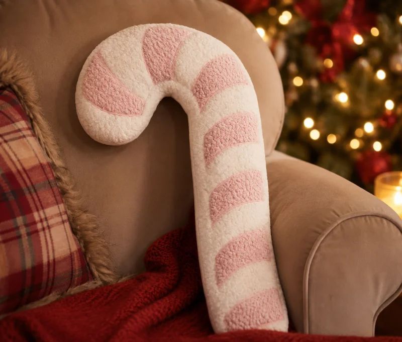 Coussin en forme de canne sucre d'orge rose blanc peluche H40cm