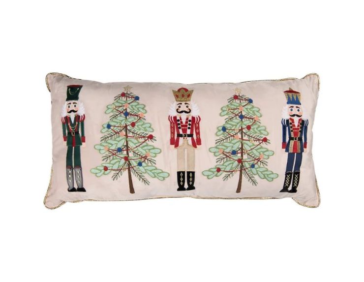 Coussin brodé 3 casse-noisettes sapins de Noël liseré doré 76cm