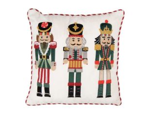 Coussin blanc passepoil rouge doré casse-noisettes brodés soldats Noël 40x40cm