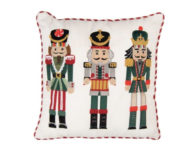 Coussin blanc passepoil rouge doré casse-noisettes brodés soldats Noël 40x40cm