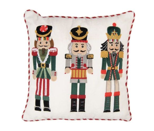 Coussin blanc passepoil rouge doré casse-noisettes brodés soldats Noël 40x40cm