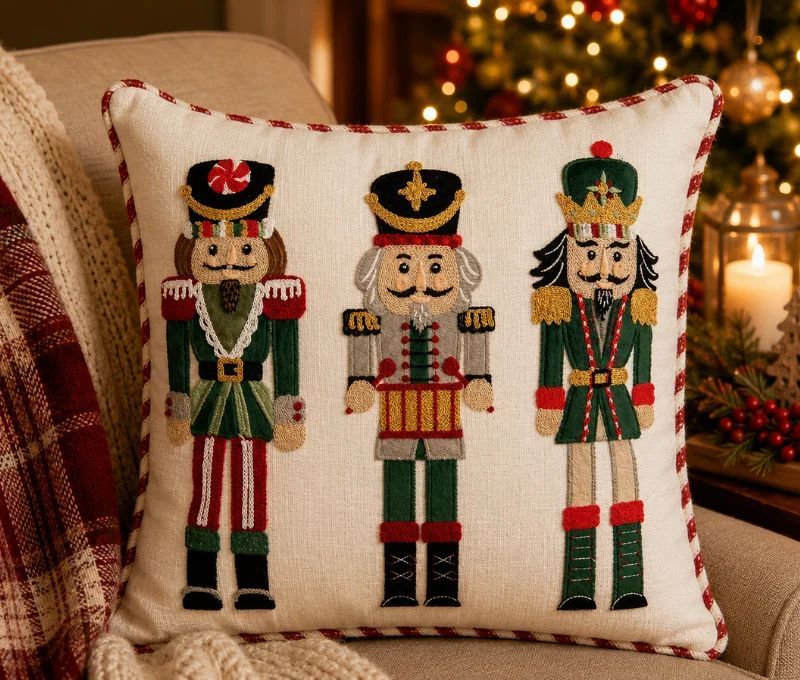 Coussin blanc passepoil rouge doré casse-noisettes brodés soldats Noël 40x40cm