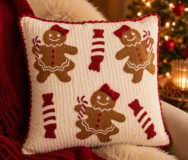 Coussin tricot blanc bordure crochet rouge figurines pain d'épices sucres d'orge 40x40cm