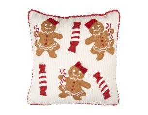 Coussin tricot blanc bordure crochet rouge figurines pain d'épices sucres d'orge 40x40cm