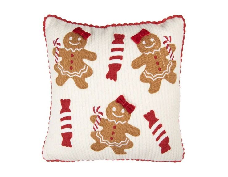 Coussin tricot blanc bordure crochet rouge figurines pain d'épices sucres d'orge 40x40cm