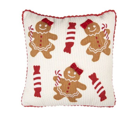 Coussin tricot blanc bordure crochet rouge figurines pain d'épices sucres d'orge 40x40cm