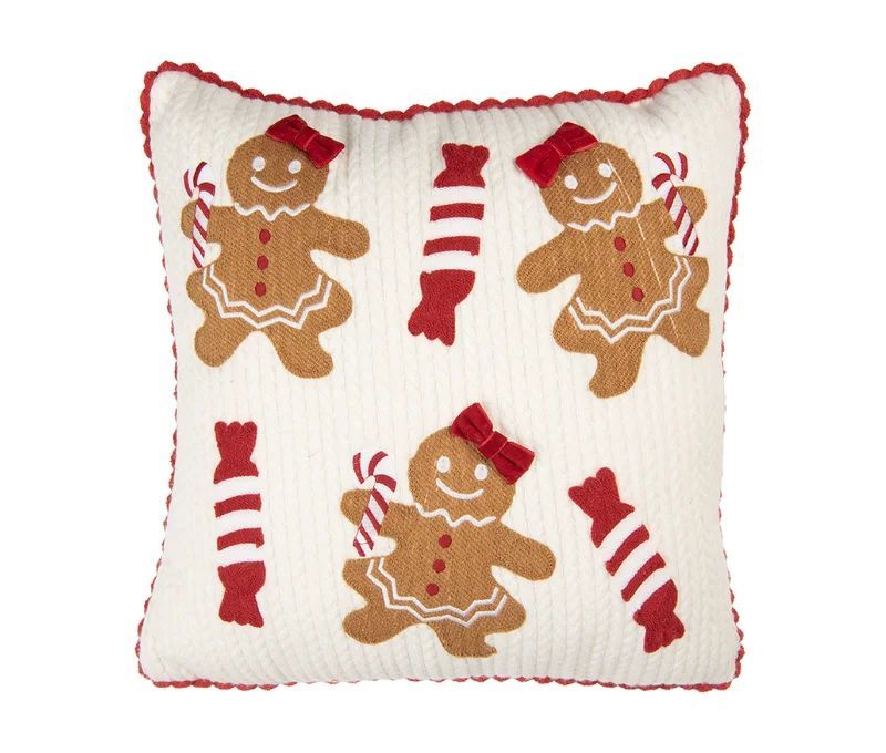 Coussin tricot blanc bordure crochet rouge figurines pain d'épices sucres d'orge 40x40cm