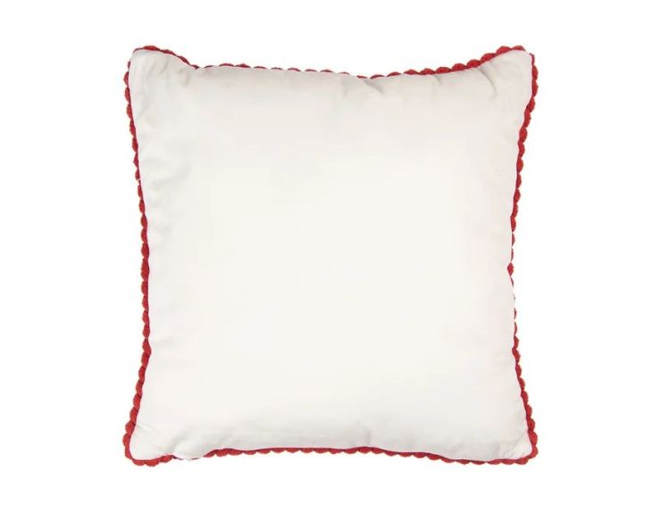 Coussin tricot blanc bordure crochet rouge figurines pain d'épices sucres d'orge 40x40cm