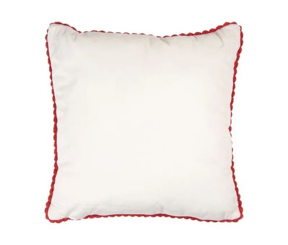 Coussin tricot blanc bordure crochet rouge figurines pain d'épices sucres d'orge 40x40cm