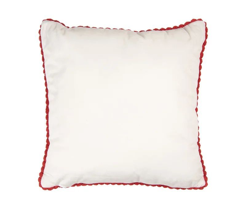 Coussin tricot blanc bordure crochet rouge figurines pain d'épices sucres d'orge 40x40cm