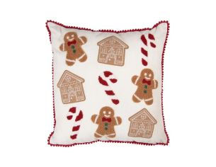 Coussin coton blanc pompons rouges bonhommes maisons pain d'épices sucres d'orge 40x40cm