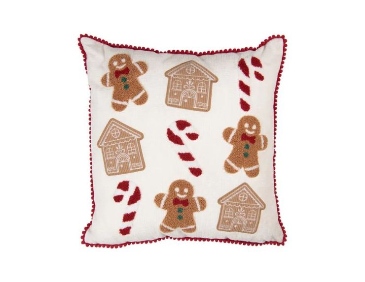 Coussin coton blanc pompons rouges bonhommes maisons pain d'épices sucres d'orge 40x40cm