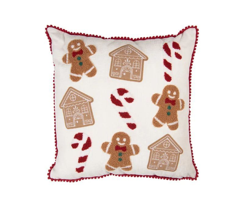 Coussin coton blanc pompons rouges bonhommes maisons pain d'épices sucres d'orge 40x40cm