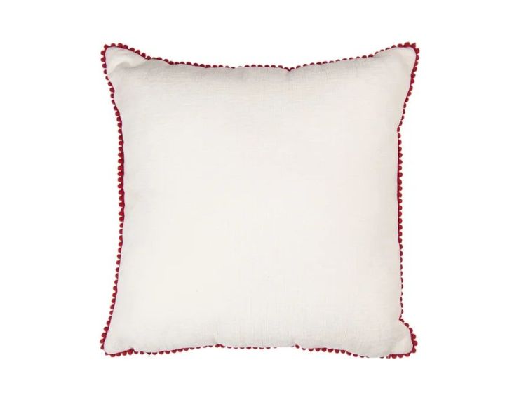Coussin coton blanc pompons rouges bonhommes maisons pain d'épices sucres d'orge 40x40cm