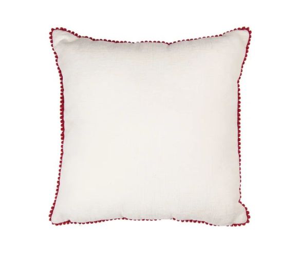 Coussin coton blanc pompons rouges bonhommes maisons pain d'épices sucres d'orge 40x40cm