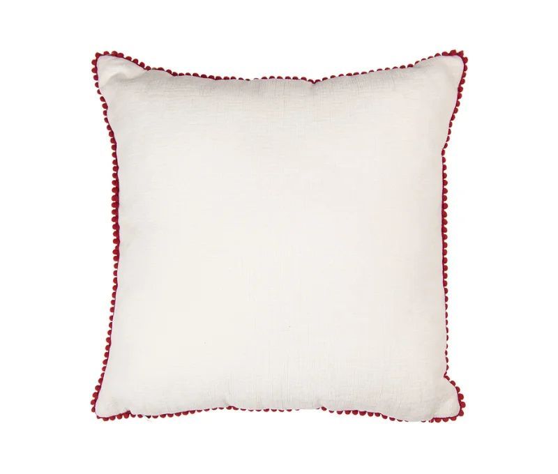 Coussin coton blanc pompons rouges bonhommes maisons pain d'épices sucres d'orge 40x40cm