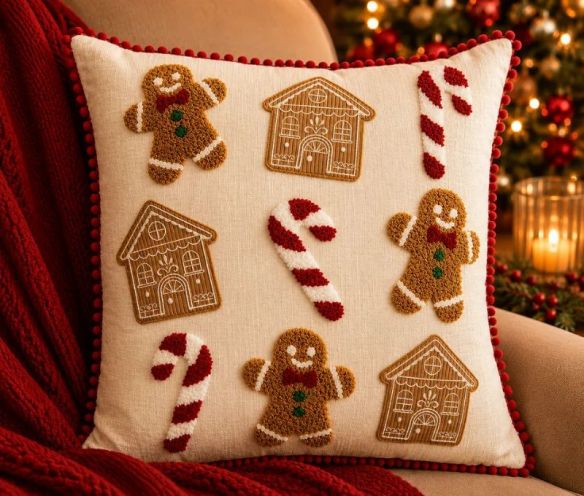 Coussin coton blanc pompons rouges bonhommes maisons pain d'épices sucres d'orge 40x40cm