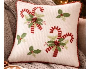 Coussin tricot blanc bordure crochet rouge sucres d'orge houx clochettes 40x40cm