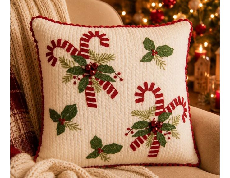 Coussin tricot blanc bordure crochet rouge sucres d'orge houx clochettes 40x40cm