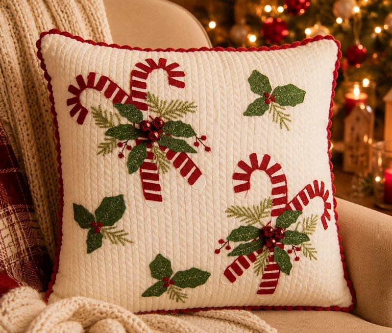 Coussin tricot blanc bordure crochet rouge sucres d'orge houx clochettes 40x40cm