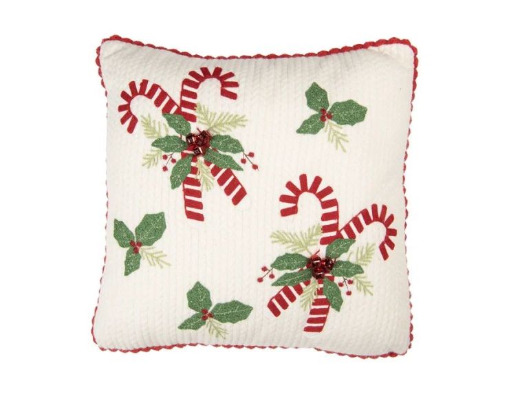 Coussin tricot blanc bordure crochet rouge sucres d'orge houx clochettes 40x40cm
