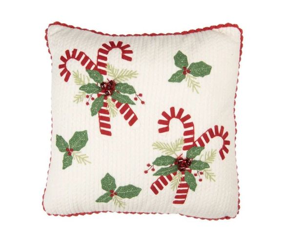 Coussin tricot blanc bordure crochet rouge sucres d'orge houx clochettes 40x40cm