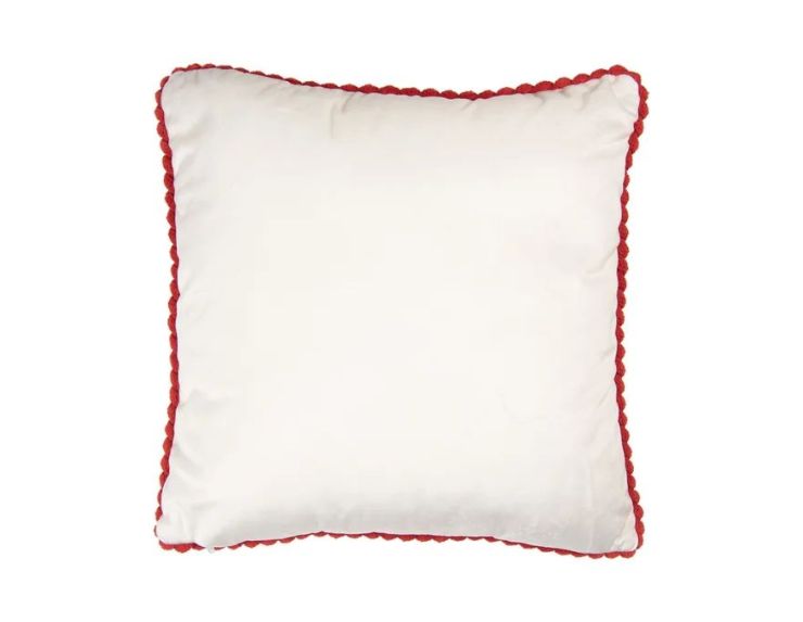 Coussin tricot blanc bordure crochet rouge sucres d'orge houx clochettes 40x40cm