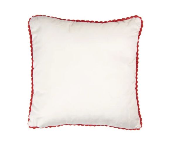 Coussin tricot blanc bordure crochet rouge sucres d'orge houx clochettes 40x40cm