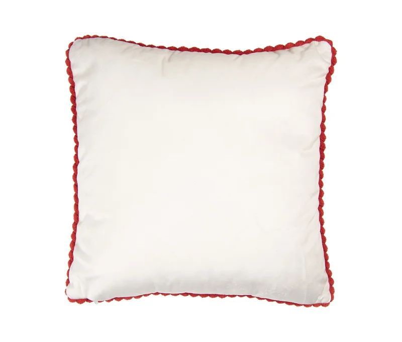 Coussin tricot blanc bordure crochet rouge sucres d'orge houx clochettes 40x40cm