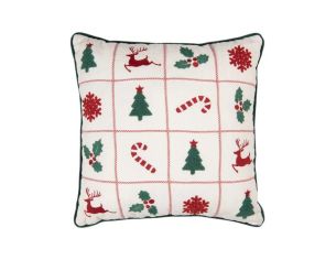 Coussin blanc bordure verte sapins rennes houx flocons sucres d'orge brodés 40x40cm