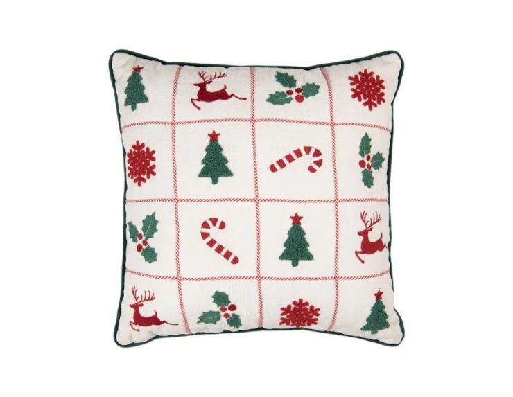 Coussin blanc bordure verte sapins rennes houx flocons sucres d'orge brodés 40x40cm