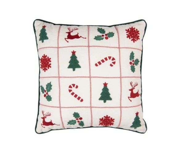 Coussin blanc bordure verte sapins rennes houx flocons sucres d'orge brodés 40x40cm