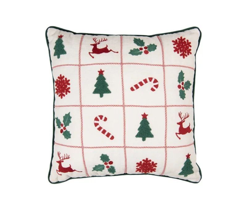 Coussin blanc bordure verte sapins rennes houx flocons sucres d'orge brodés 40x40cm