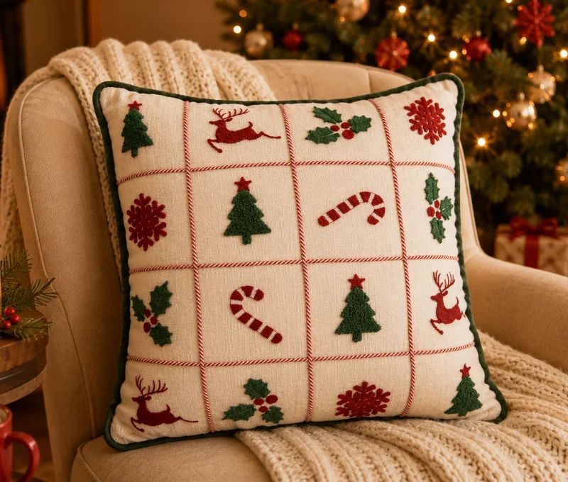Coussin blanc bordure verte sapins rennes houx flocons sucres d'orge brodés 40x40cm