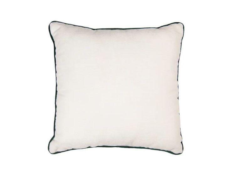 Coussin blanc bordure verte sapins rennes houx flocons sucres d'orge brodés 40x40cm
