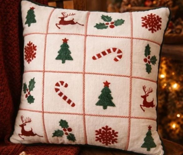 Coussin blanc bordure verte sapins rennes houx flocons sucres d'orge brodés 40x40cm