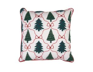 Coussin blanc passepoil rouge sapins verts treillis nœuds rouges strass 40x40cm
