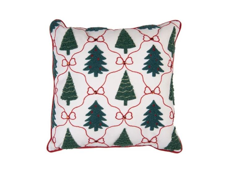 Coussin blanc passepoil rouge sapins verts treillis nœuds rouges strass 40x40cm