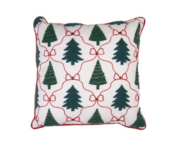 Coussin blanc passepoil rouge sapins verts treillis nœuds rouges strass 40x40cm