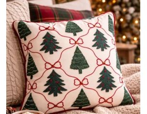 Coussin blanc passepoil rouge sapins verts treillis nœuds rouges strass 40x40cm