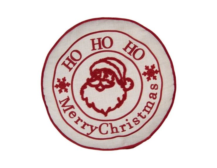 Coussin rond blanc passepoil rouge Père Noël brodé Ho Ho Ho Ø40cm