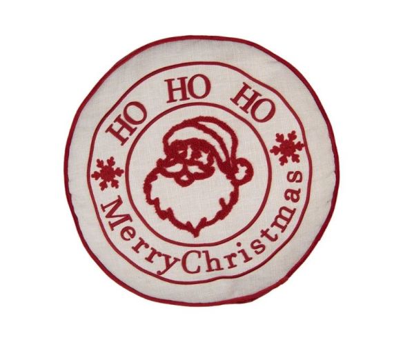 Coussin rond blanc passepoil rouge Père Noël brodé Ho Ho Ho Ø40cm