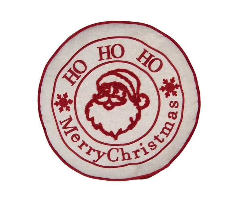 Coussin rond blanc passepoil rouge Père Noël brodé Ho Ho Ho Ø40cm