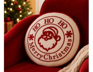 Coussin rond blanc passepoil rouge Père Noël brodé Ho Ho Ho Ø40cm